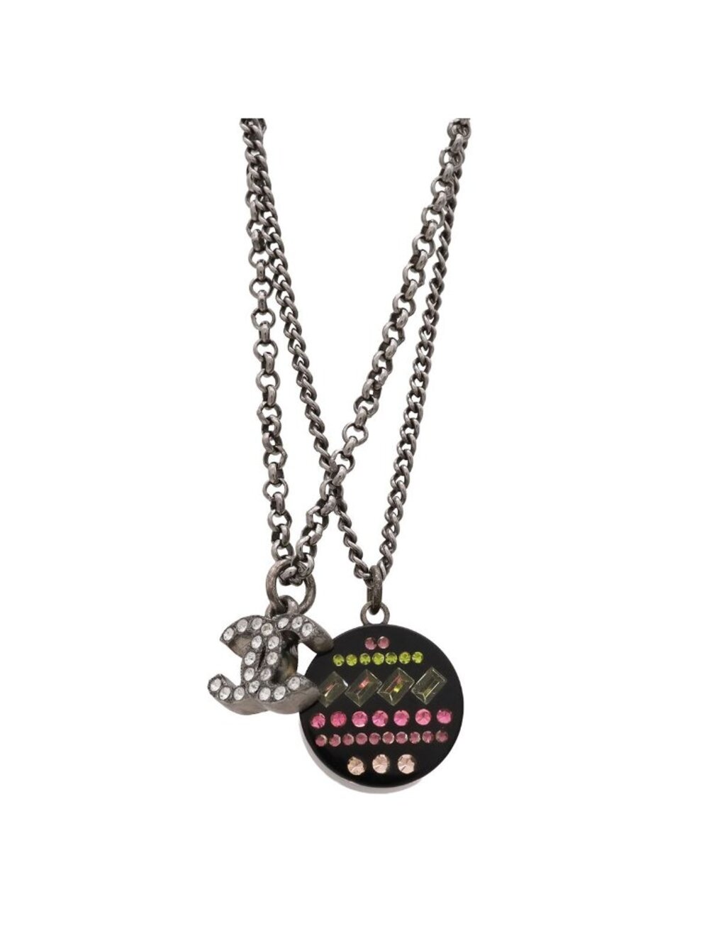 Chanel 11P CC Logo Round Motif Double Chain Pendant Metal Rhinestone Black